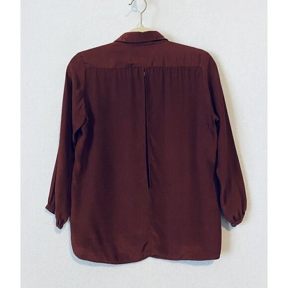 Sandro Top Womens 3/Large Button Up 3/4 Sleeve Split Back Maroon Silk Blouse - Picture 3 of 5